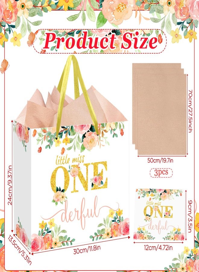 Woosytoo Baby Girl 1st Birthday Gift Bag Little Miss Onederful Gift Bag with Greeting Card and Tissue Papers Floral First Birthday Wrapping Paper Bag for Girls Newborn Baby Shower Christmas One Year Old Party - Image 4